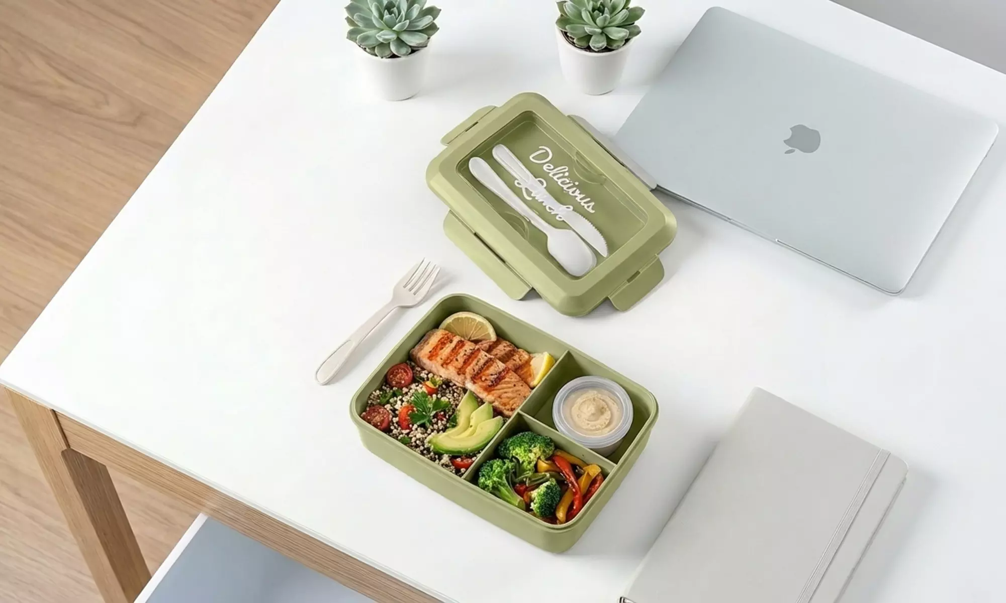 Set van 2 lunchboxen (1300 ml.) met 3 vakken en bestek