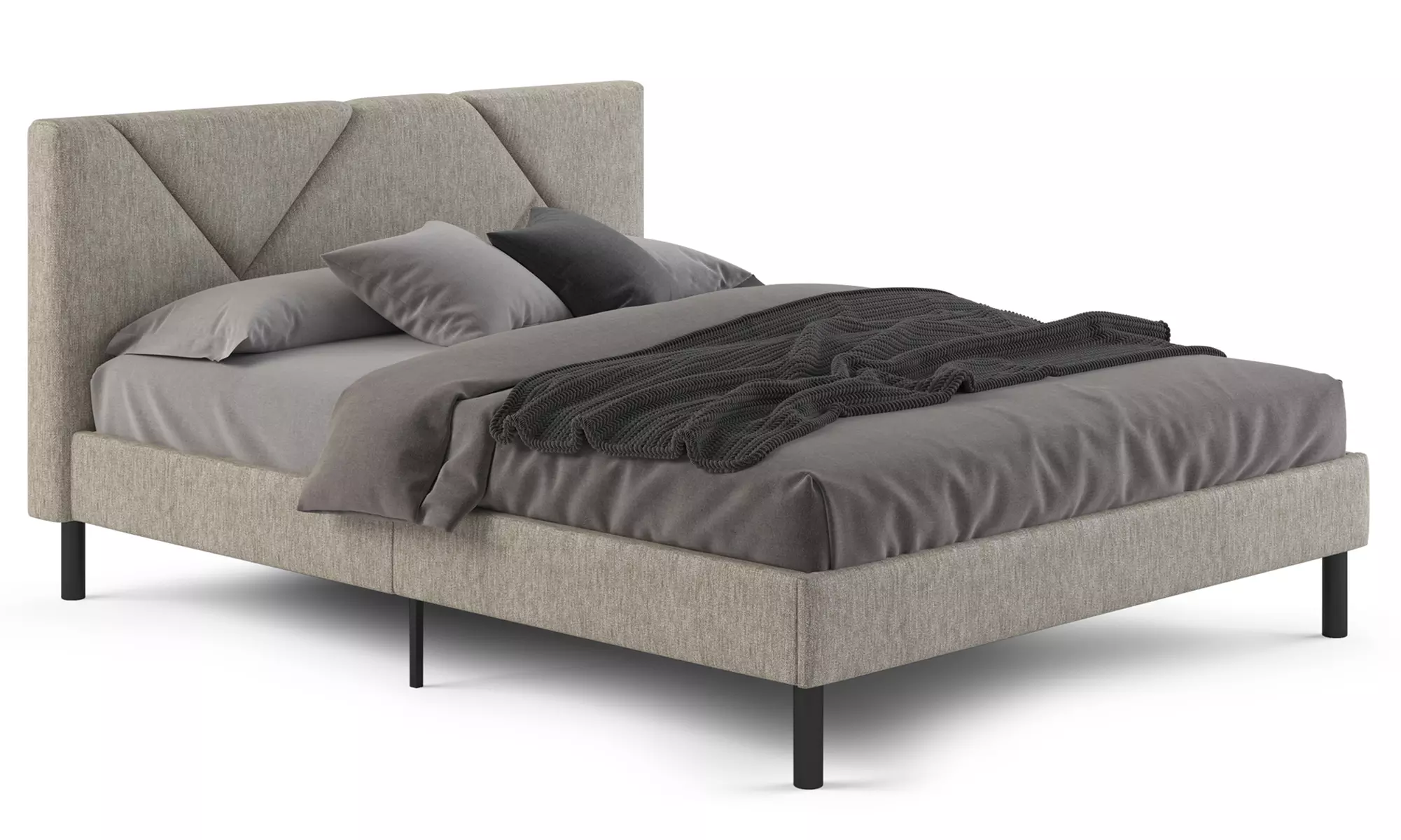 Letto imbottito in tessuto con doghe in legno e vano contenitore