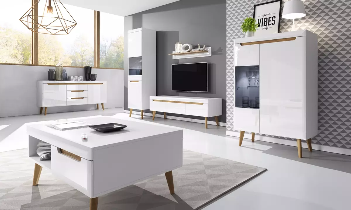 Selsey Living Wohnwand Living in Weiß/Eiche, optional mit LED-Beleuchtung, inkl. Versand - Primary Image