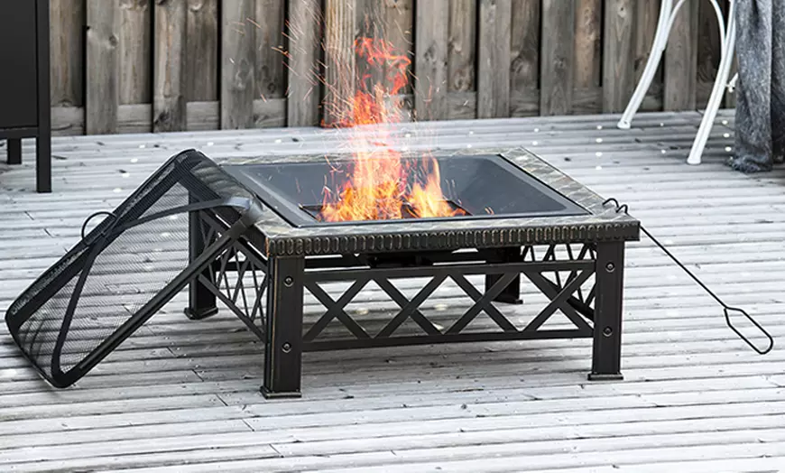 Image 1: Outsunny Square-Shaped Fire Pit Table with Optional Grill Shelf
