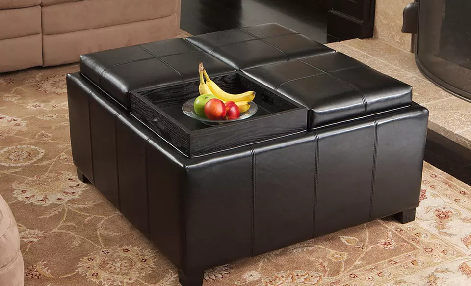 Bonded Leather Storage Ottoman with 4 Tray Flip Tops - Primary Image