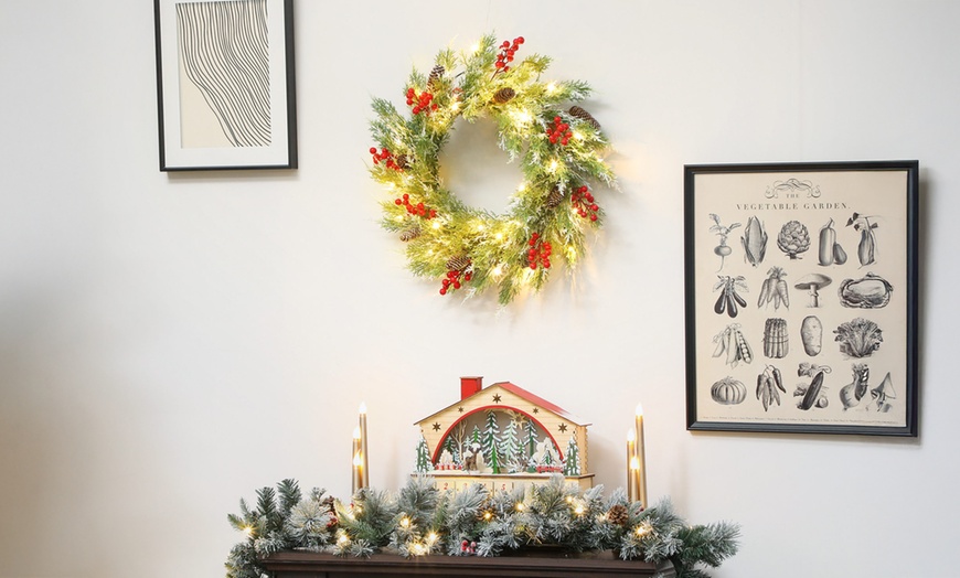 Image 1: HomCom 60cm Prelit Christmas Wreath with LED Lights 