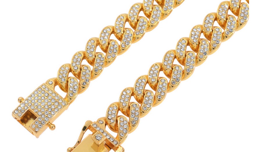 Image 4: Premium Cuban Link Dog Collar; Rhinestone Design