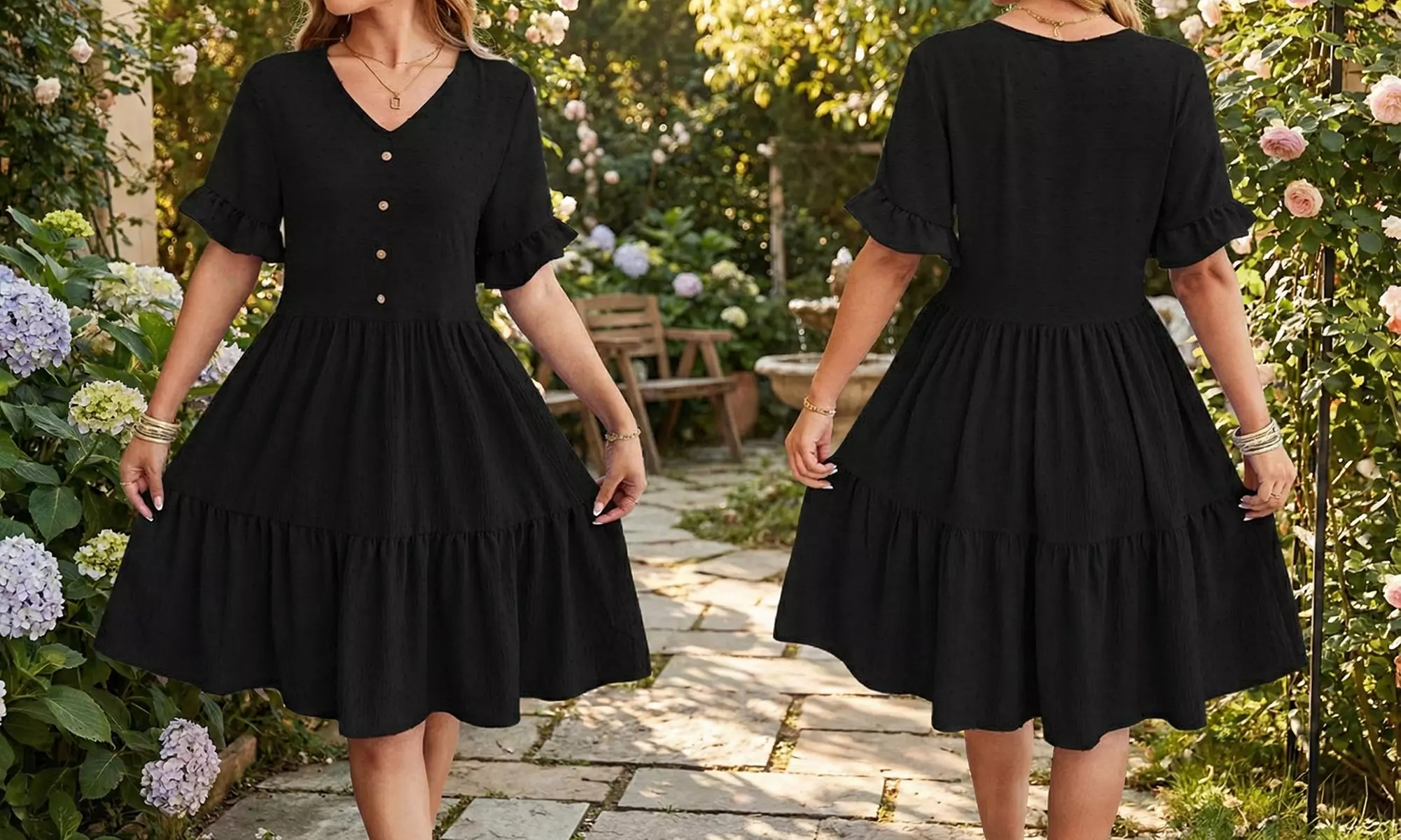 Womens V Neck Short Sleeve Swiss Dot Ruffle Hem Summer Dress