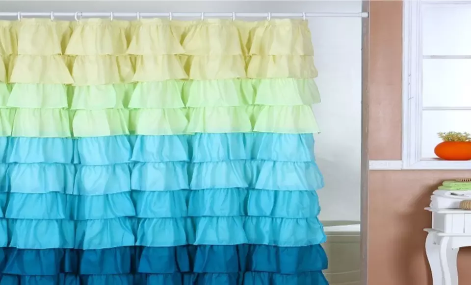 Ruffled Fabric Shower Curtain with Buttonholes - Primary Image