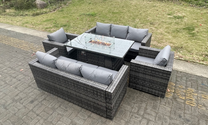 Image 1: 8-Seater Outdoor PE Rattan Garden Furniture Gas Fire Pit