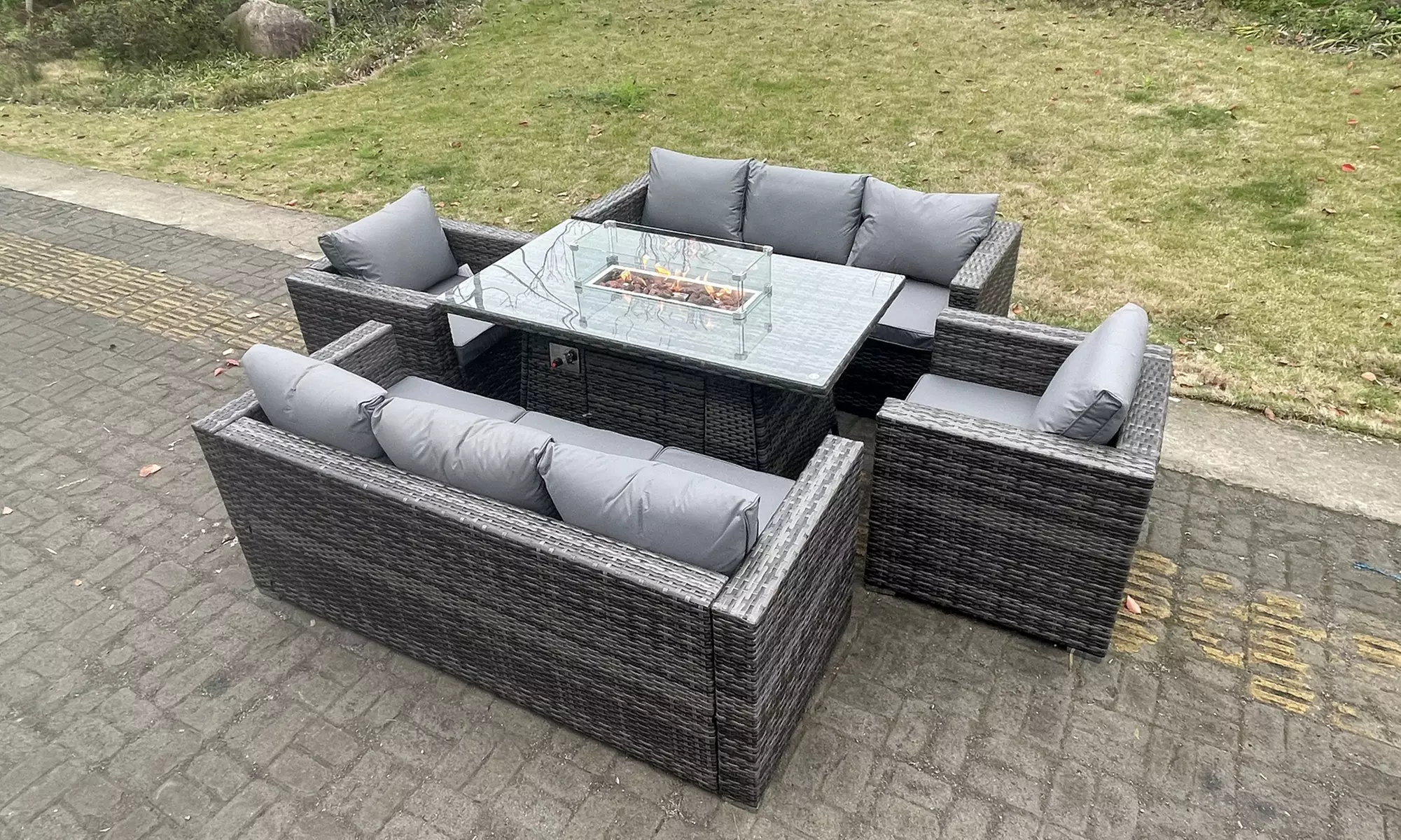 8-Seater Outdoor PE Rattan Garden Furniture Gas Fire Pit - Primary Image