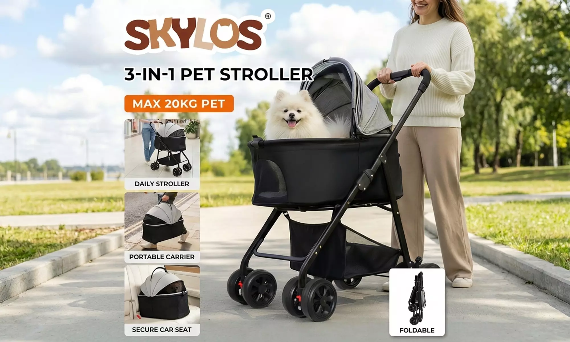 Skylos 3-In-1 Foldable Pet Stroller