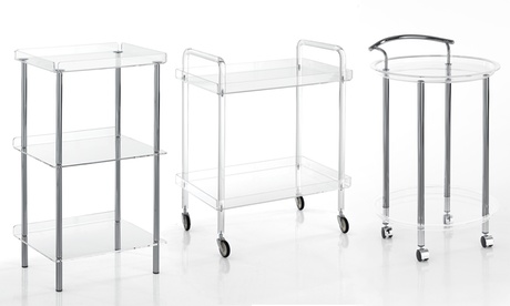 Scaffali, carrelli e vassoi in acrilico, disponibili in 4 modelli