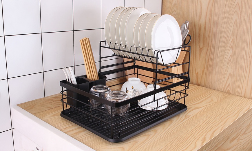Image 6: Two-Tier Metal Dish Drying Rack with Removable Drip Tray