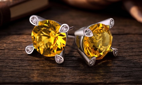 Citrine Stud Earring in 18K White Gold 4 ct Citrine Citrine November 18 Karat White Gold Plated