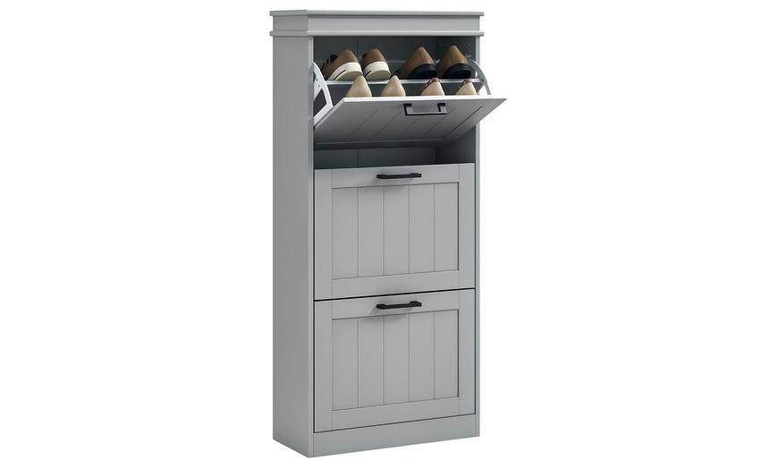 Image 3: HomCom Narrow 3-Tier Grey Shoe Cabinet with Flip Drawers