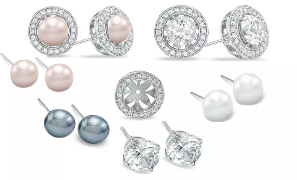 4-in-1 White Sapphire and Freshwater Pearl Interchangeable Halo Stud Earrings - Primary Image