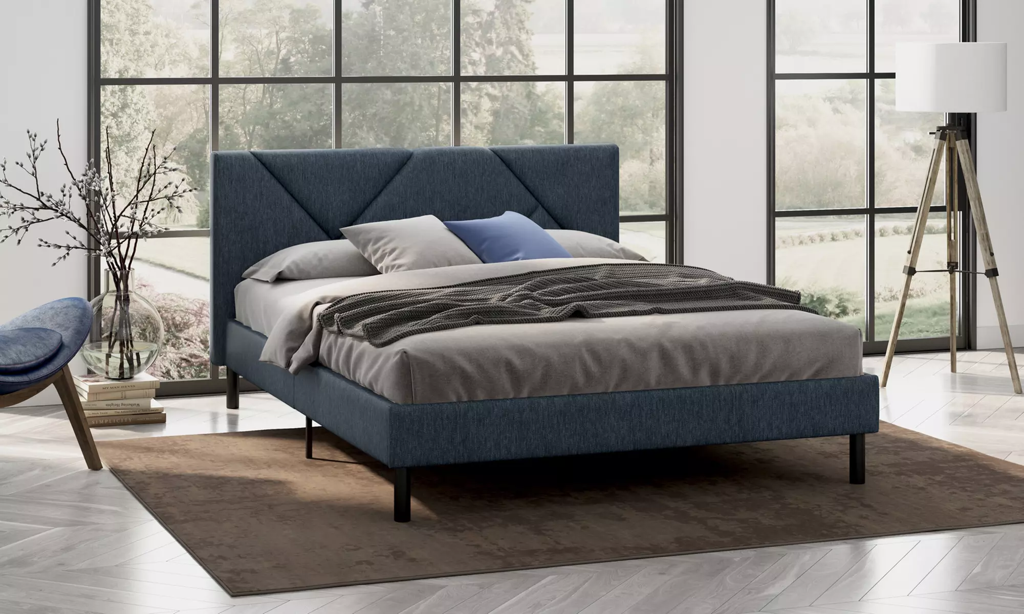 Letto imbottito in tessuto con doghe in legno e vano contenitore