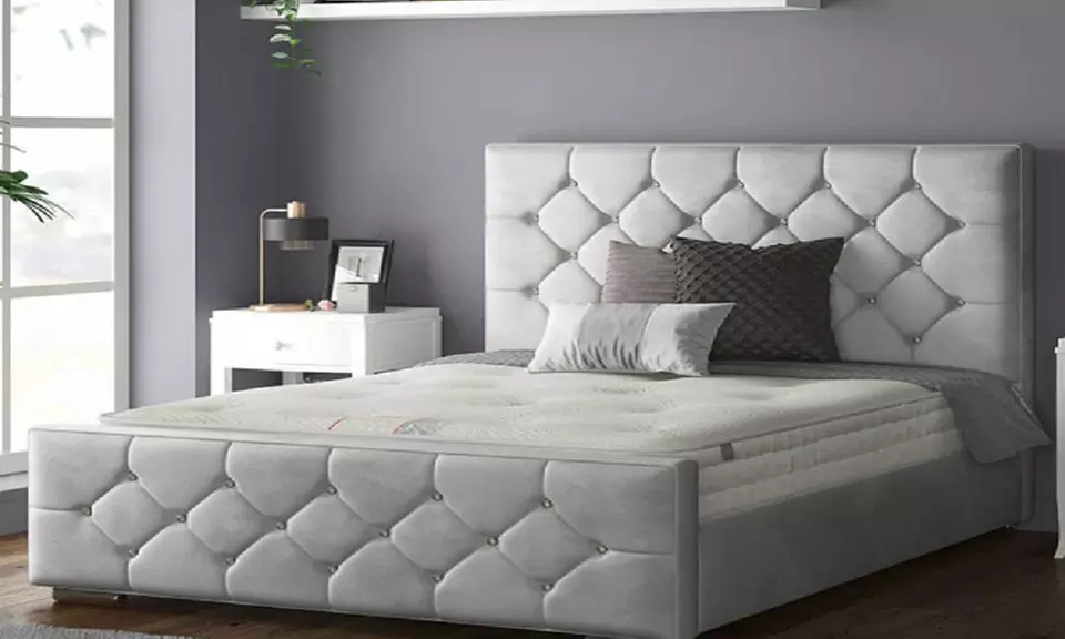 Oasis Diamante or Button Plush Bed Frame with Sprung Memory Foam Mattress