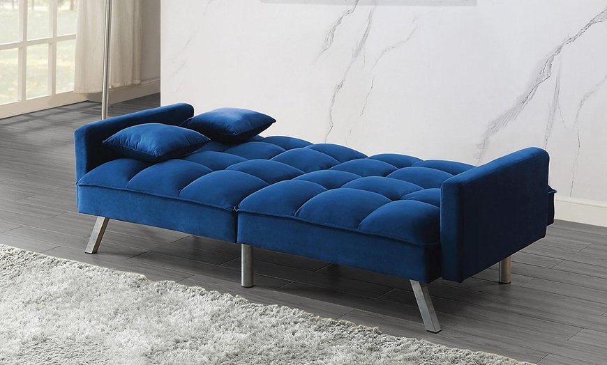 Image 2: Modern Design Tufted Convertible Blue Velvet Sleeper Sofa Bed