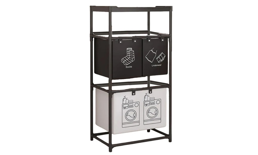 Image 2: Panier à linge design 3 compartiments avec étagère intégrée