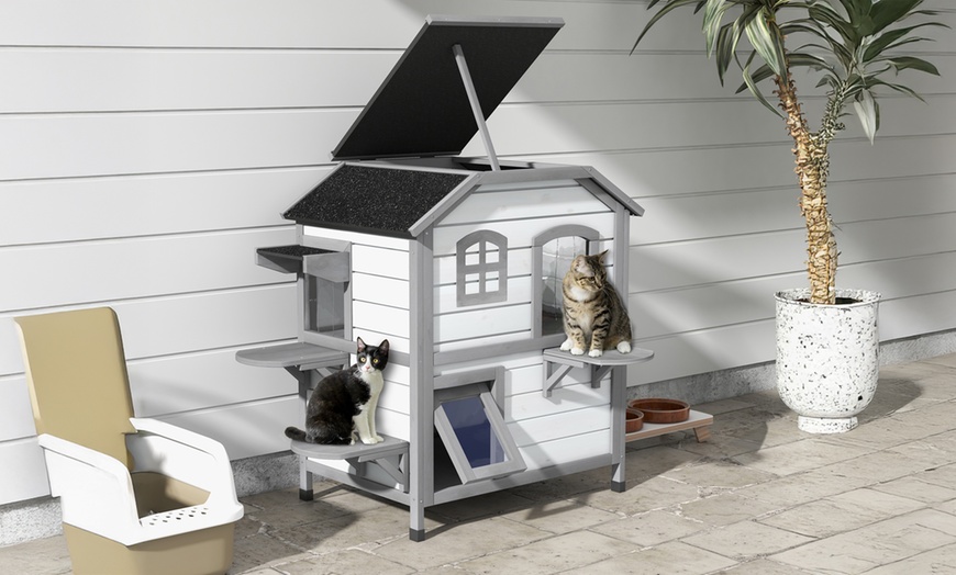 Image 1: PawHut Cat House Spacious Two-Level Design for Indoor/Outdoor Use