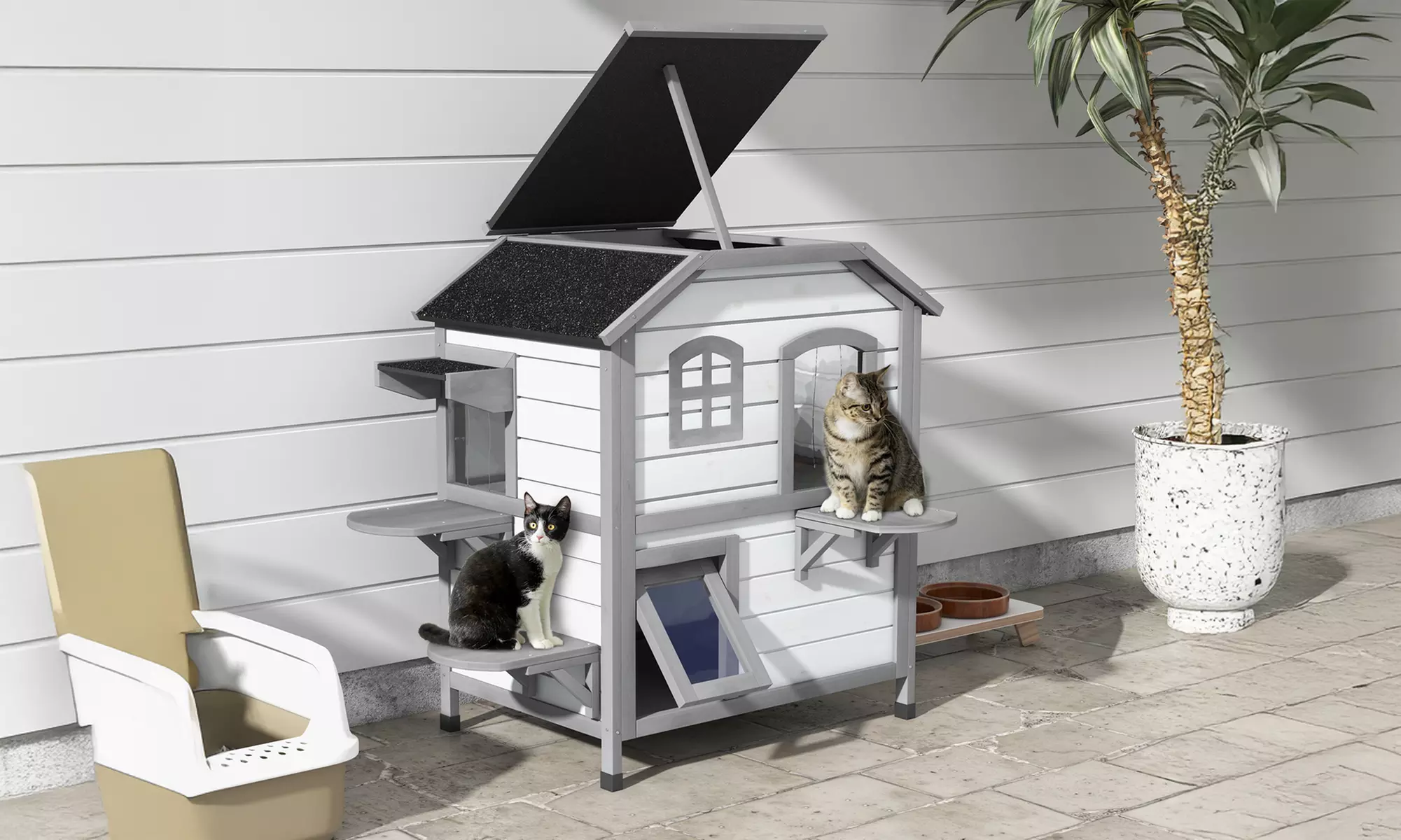 PawHut Cat House Spacious Two-Level Design for Indoor/Outdoor Use