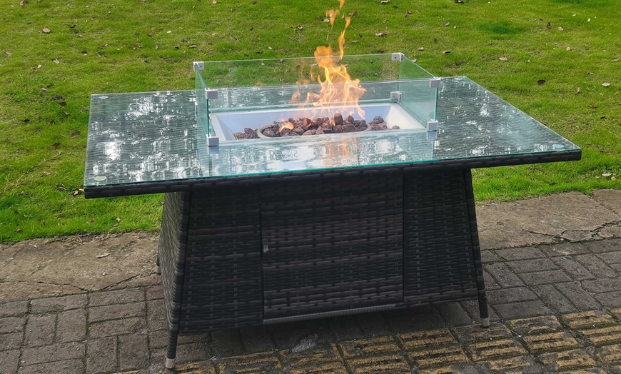 Image 1: Fimous Dark Grey Rattan-Effect Fire Pit Table with Tempered Glass