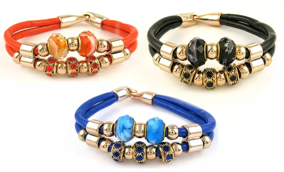 Dual Row Charm Bracelet with Swarovski Elements Crystals and Murano Beads - Primary Image