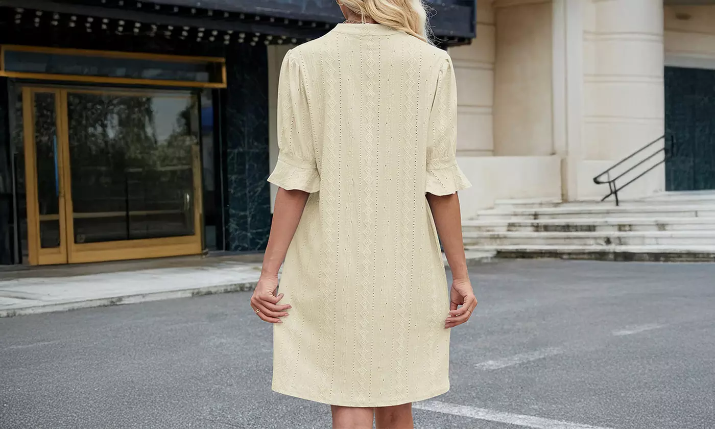 Women's V Neck Ruffled Half Sleeves Shift Dress Flowy Summer Beach Cover Up