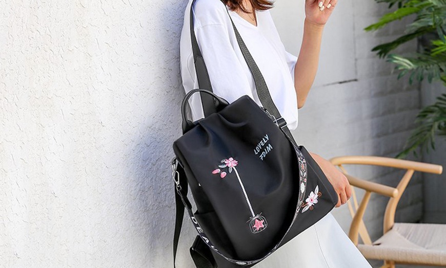 Image 1: Women's Floral Embroidered Anti-Theft Backpack