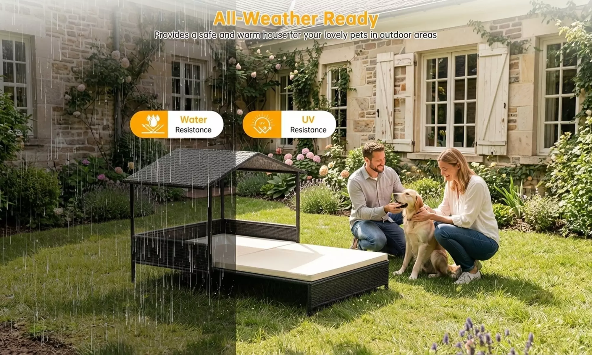 Rattan Effect Pet Bed with Canopy and Cushion