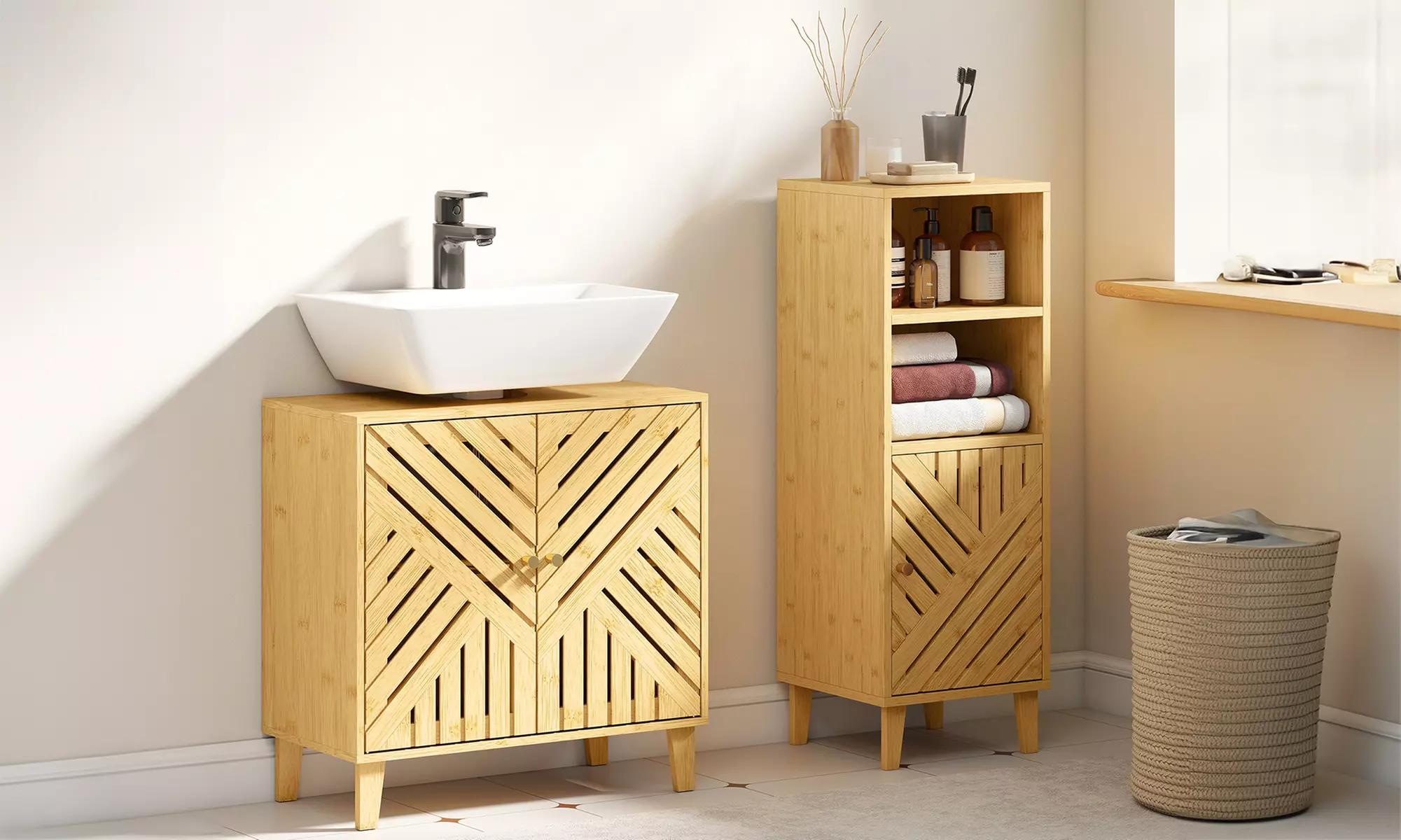 Homcom Bamboo Bathroom Under Sink Cabinet with Adjustable Shelf