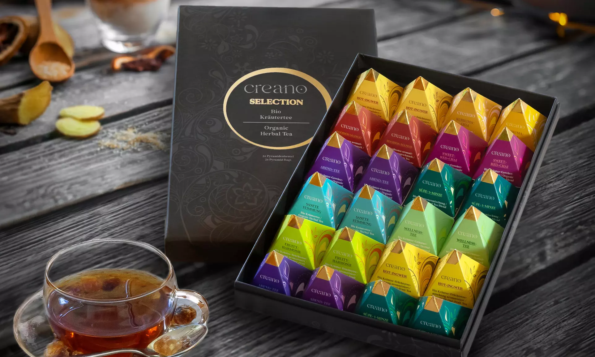 Creano Geschenk-Box „Kräuter-Gewürz-Tee“ Pyramiden (bis zu 1,17€/Stk.)