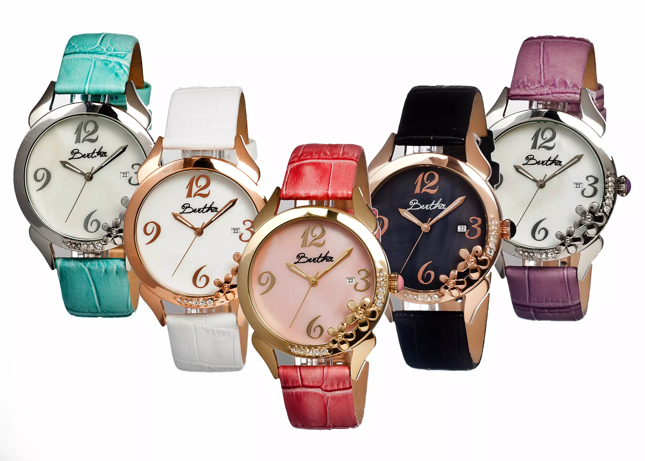 Bertha Women's Mother of Pearl Dial Crystal Date Display Luminous Hands Leather Strap Watches - Primary Image