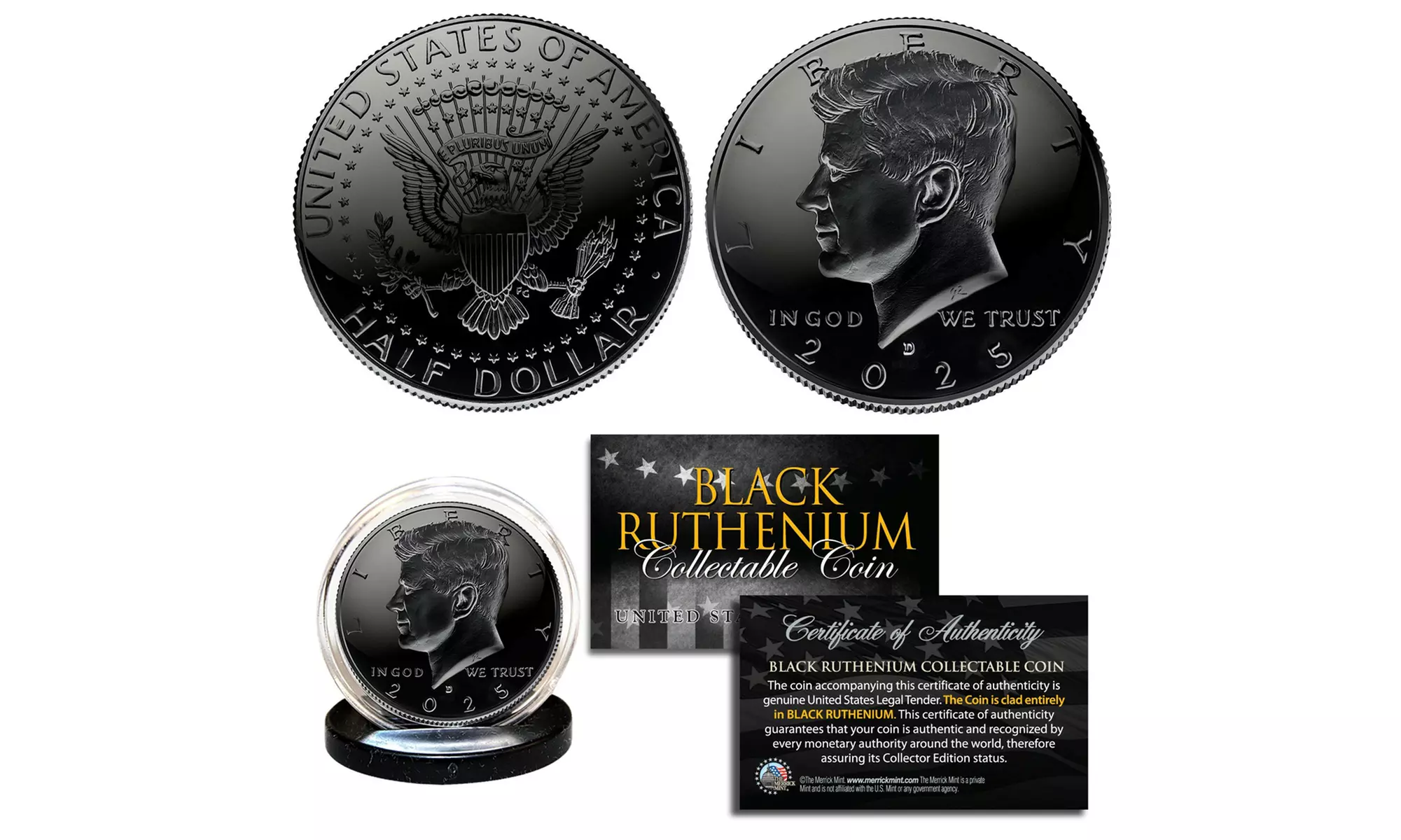 Merrick Mint 2025 All Black Ruthenium JFK Kennedy Half Dollar U.S. Coin - Second Medium