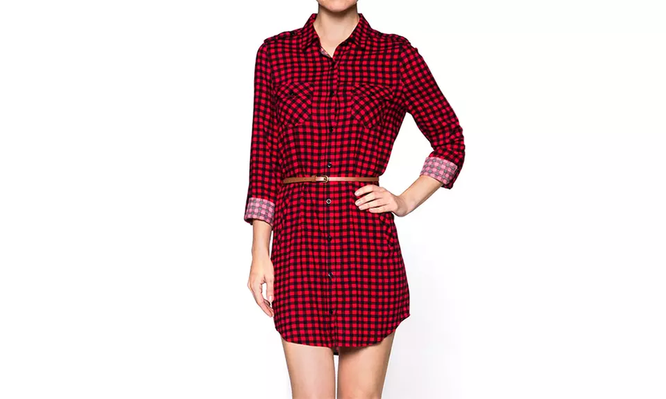 Women's Belted Plaid Shirt Dress - Second Medium