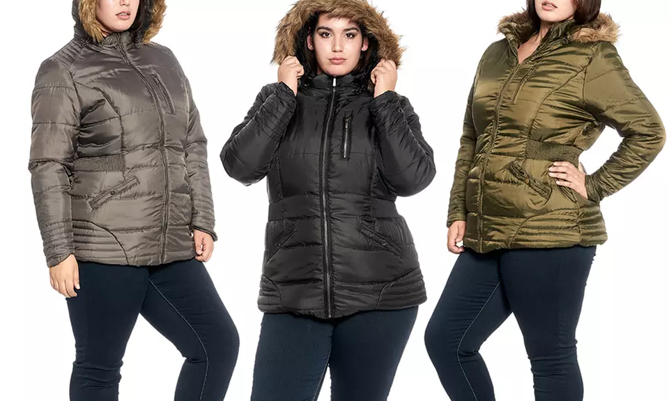 Women's Plus-Size Sherpa-Lined Puffer Jacket with Fur-Trimmed Hood - Primary Image