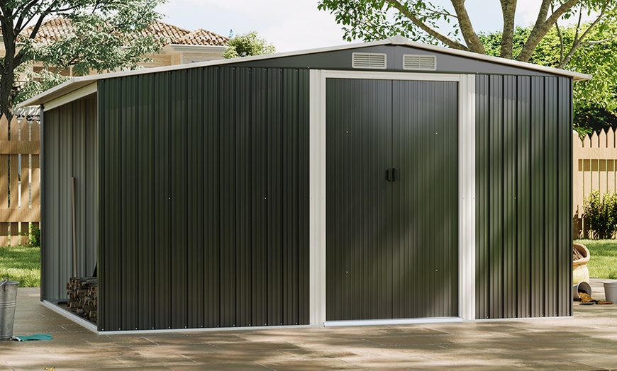 Image 10: Outdoor Black Garden Metal Storage Shed with Log Storage