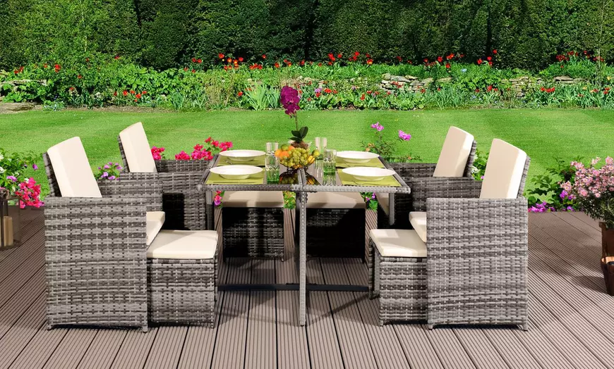 Image 1: 9 or 11 Piece High Back Rattan-Effect Cube Dining Set