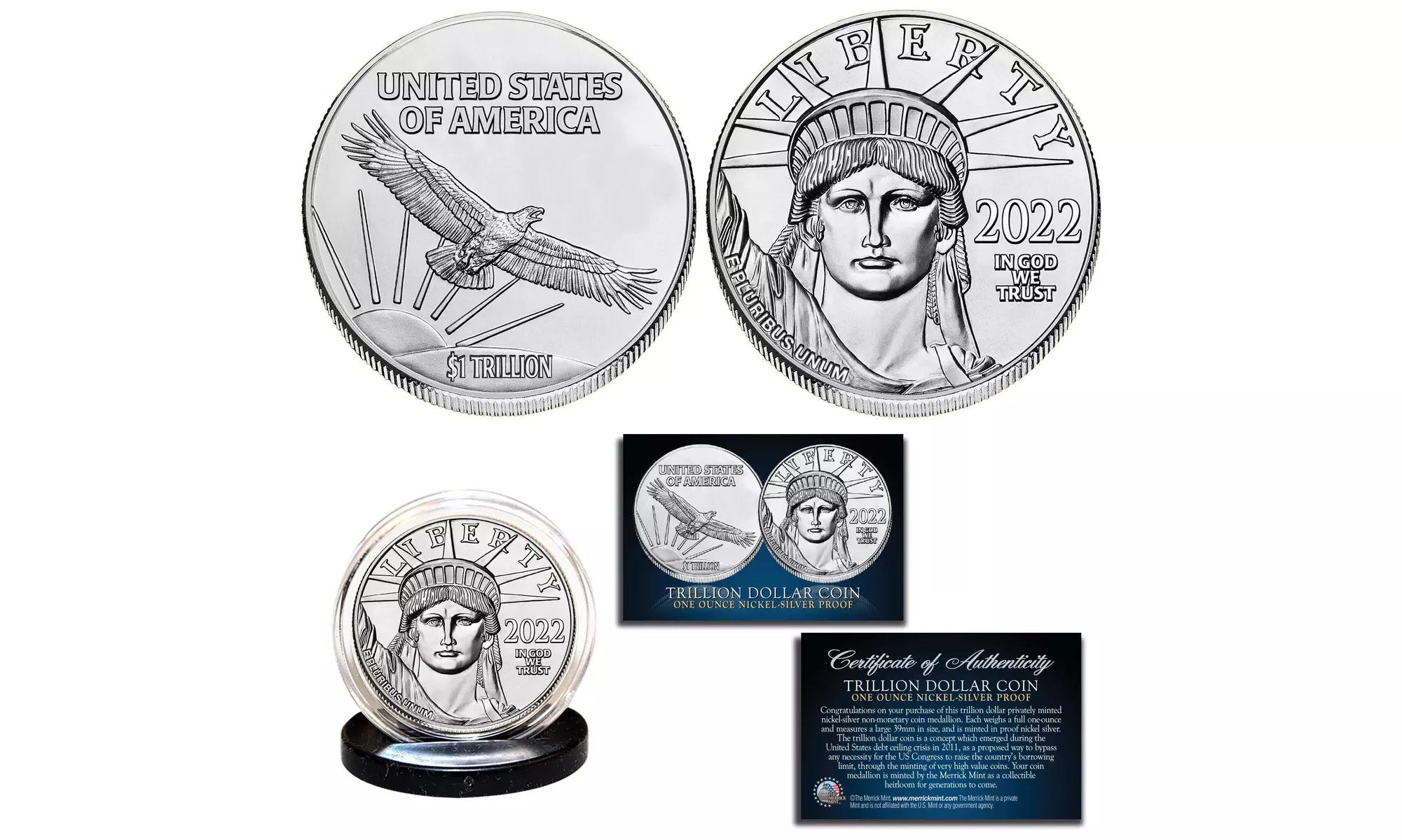 2022 One Trillion Dollar Tribute Proof Coin 1 oz Silver Nickel Plated 39 mm