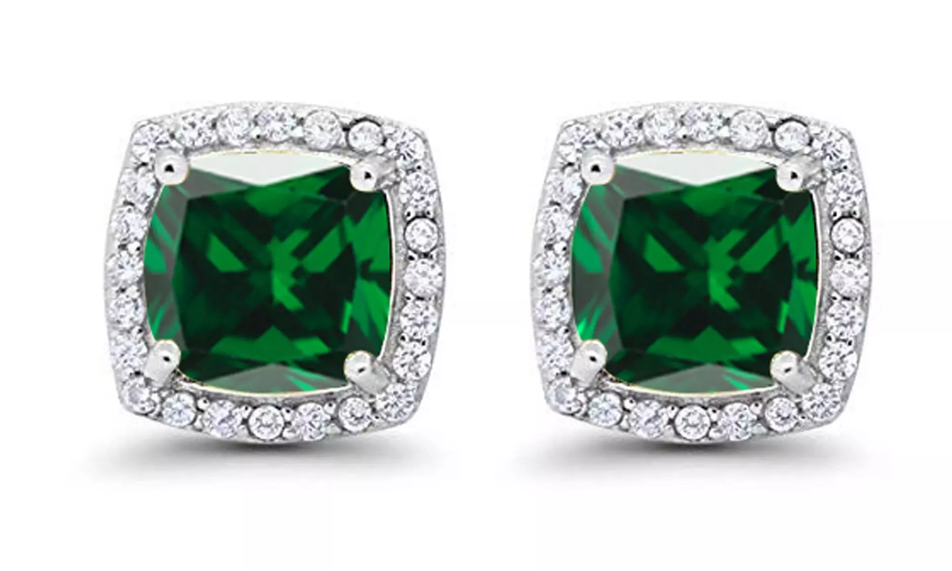 Paris Jewelry 14k White Gold Plated Created Halo Princess Emerald Stud Earrings