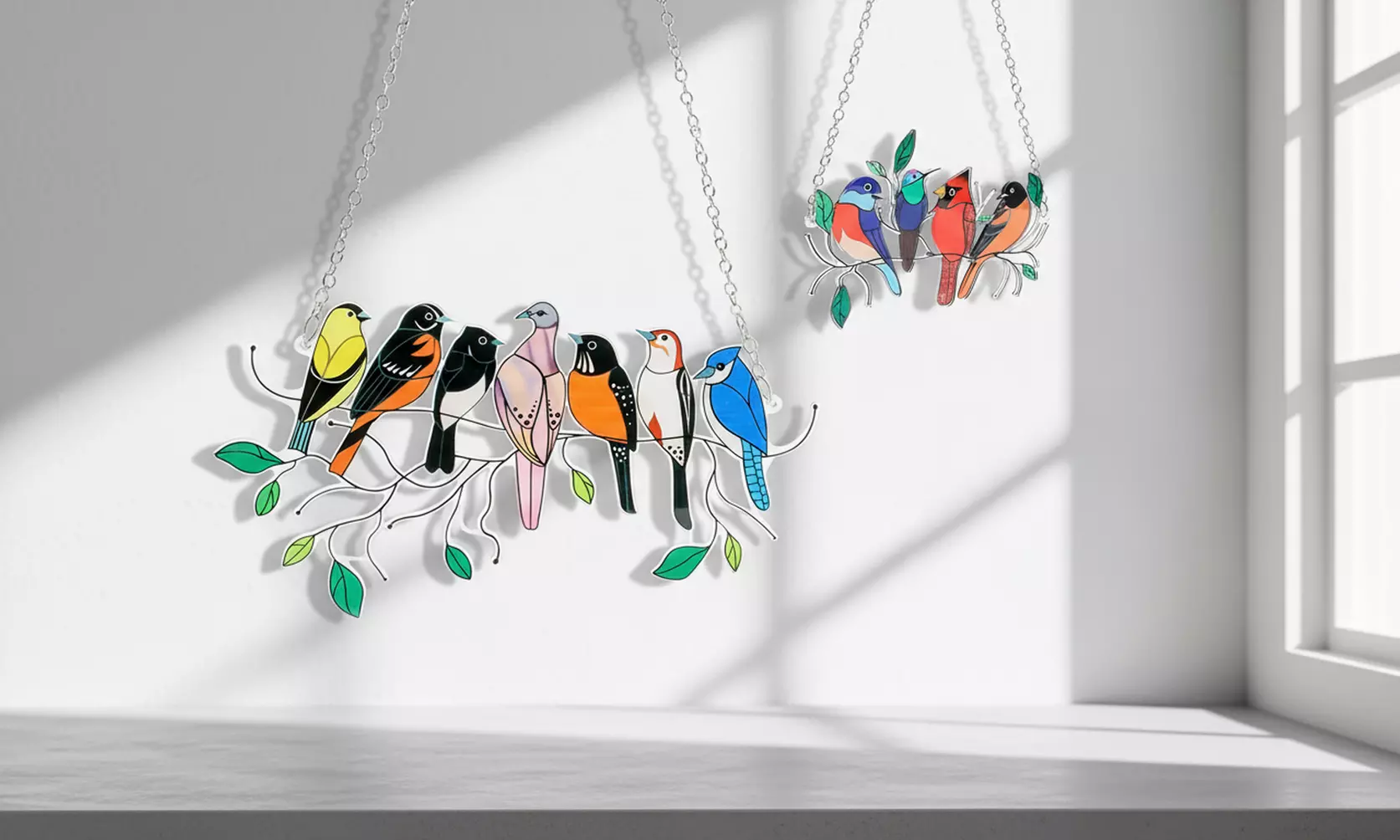 Multicolor Birds On A Wire High Stained Suncatcher Window Panel Home Decor