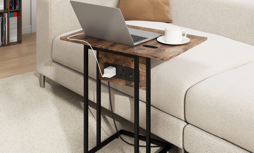 Image 3: HomCom C-Shaped Side Table, Foldable with Charging Station