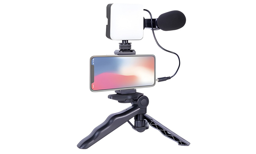 Image 6: Kit vlogging 4-en-1 : lumière, micro, trépied et télécommande