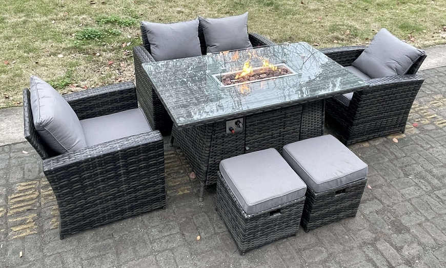 Image 3: 6-Seater Rattan-Effect Sofa Set with Gas Firepit Dining Table 