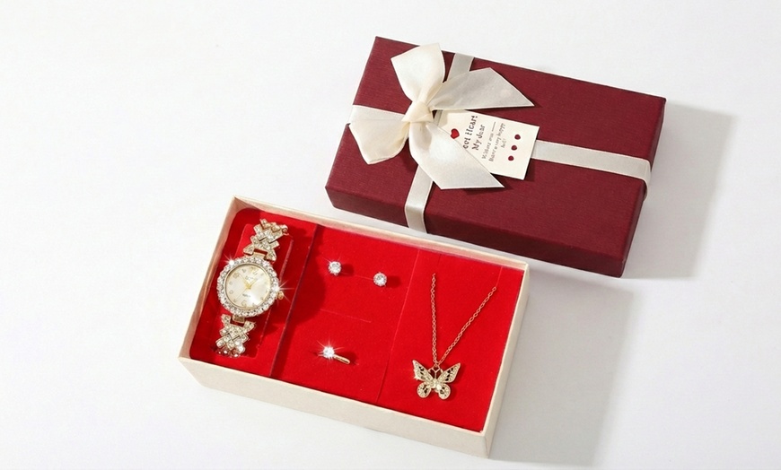 Image 5: Gold Tone Watch and Jewellery Gift Set with Necklace Earrings and Ring
