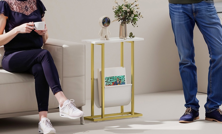 Image 3: HomCom Narrow Side Table, Chic White Marble-Effect Design