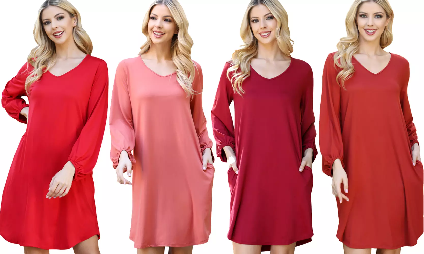 Riah Fashion Solid V-Neck Tunnel Long Sleeve Dress