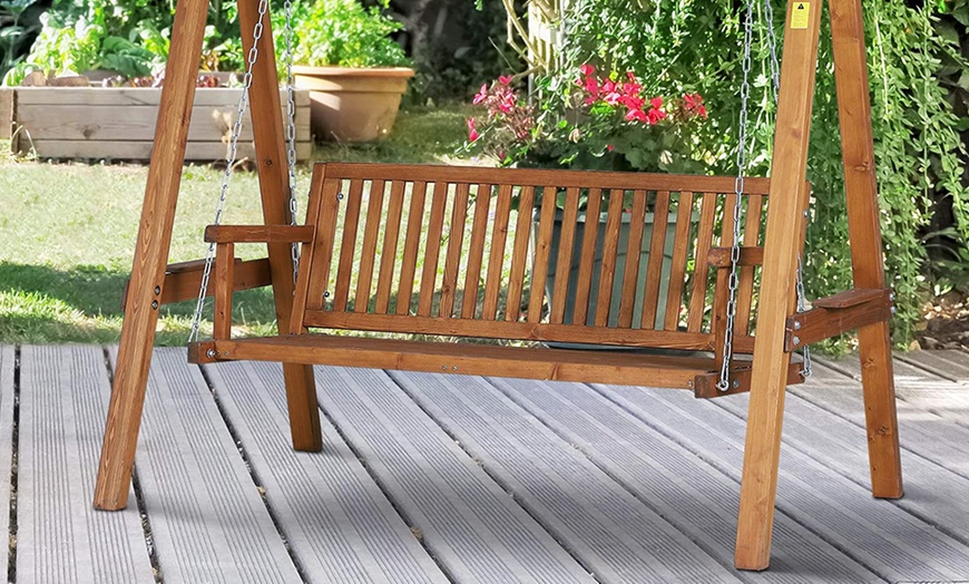 Image 5: Outsunny Wooden Three-Seater Garden Swing