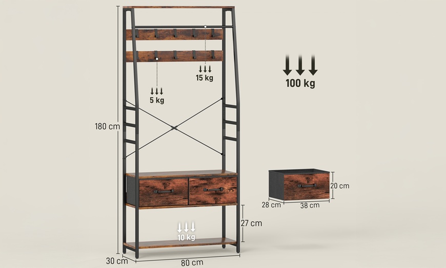 Image 12: HomCom Coat Rack with Shoe Storage Bench and Hooks