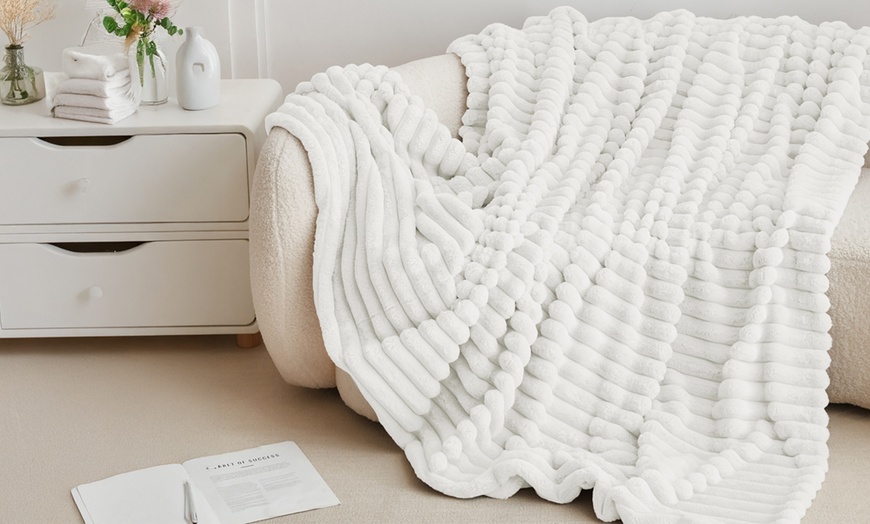 Image 3: Super Soft Faux Rabbit Fur Throw - Plush Ribbed Luxury Blanket