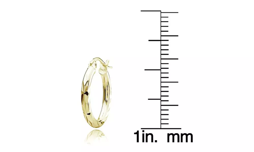 Gold Flash Sterling Silver 2mm Diamond Cut Polished Round Hoop Earrings, 15mm