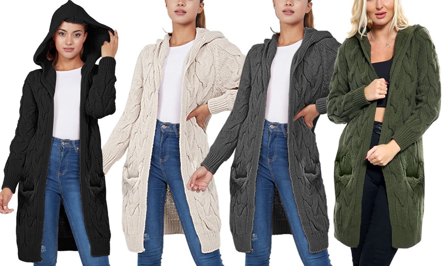 Image 1: Cable Chunky Knit Open Front Hooded Cardigan
